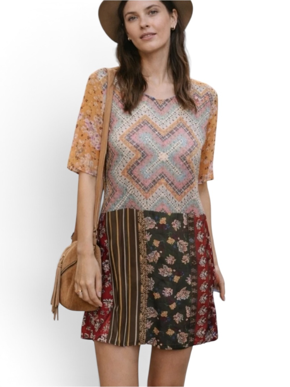 Anthropologie - TINY Boho Multicolor Patchwork Mini Tunic Dress Size L